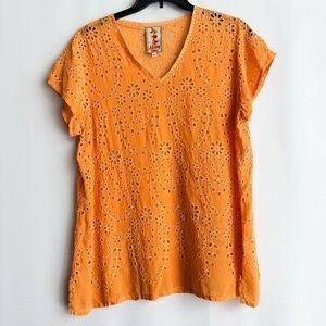 Johnny Was Orange Eyelet Embroidered Tunic Top XL – Boho Floral V-Neck